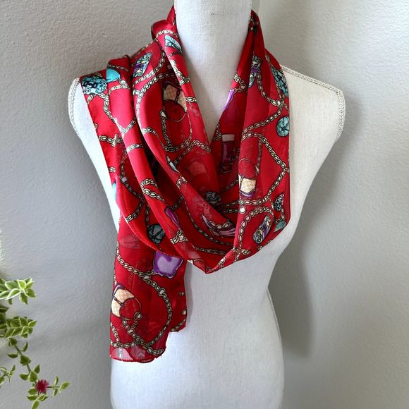 Fun Red Scarf 60" x 13" Striped Satin Sheer Decor Purses Chains Boots Hats - Picture 5 of 11